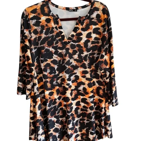 Animal Print Tunic Lily by Firmiana  Long Sleeves V-Neck Rust Orange Black - Picture 6 of 7